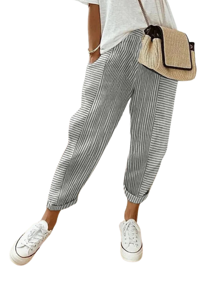 Striped Cotton Women's Trousers - Amara-Light grey-S-The Livary
