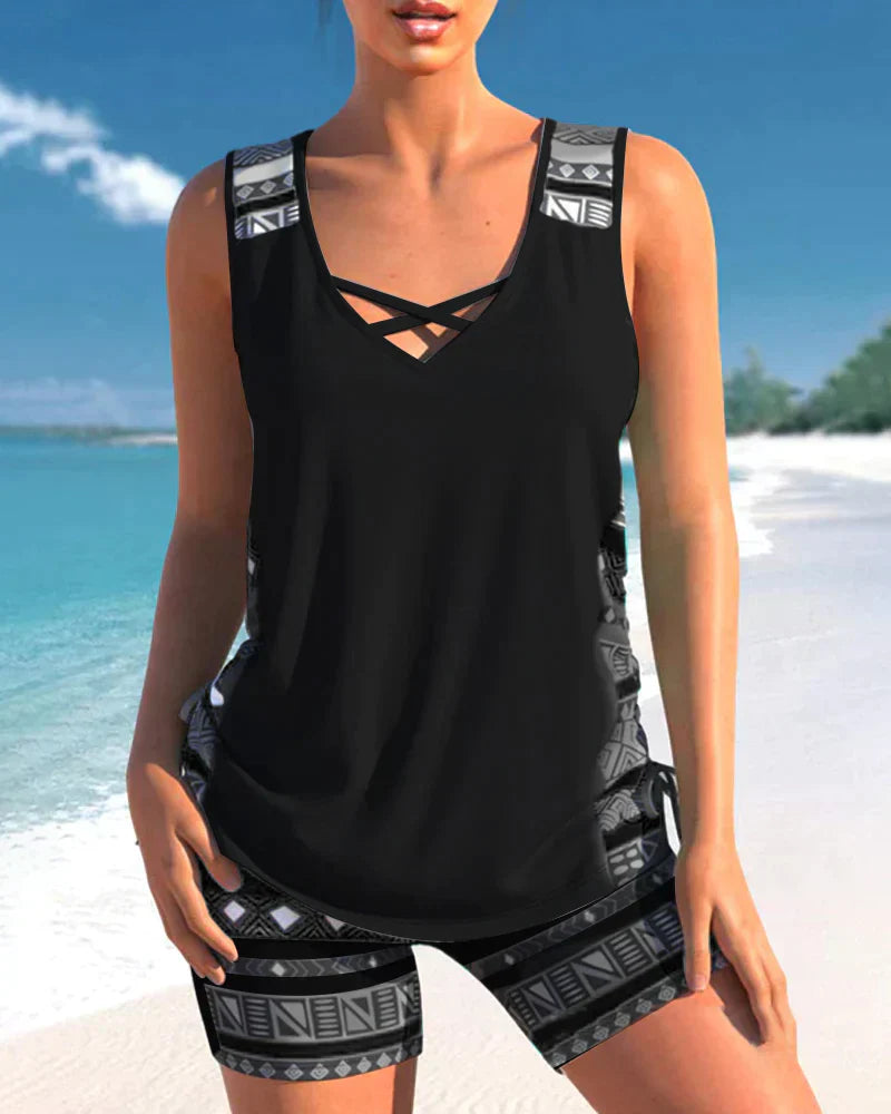 Trendy swimwear with V-neck and geometric pattern – Tankini set Madonna-Black-S-The Livary