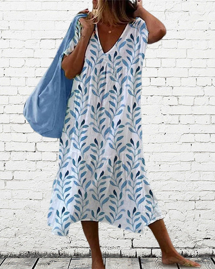 Trendy midi dress with leaf pattern and V-neck – Nea-S-The Livary