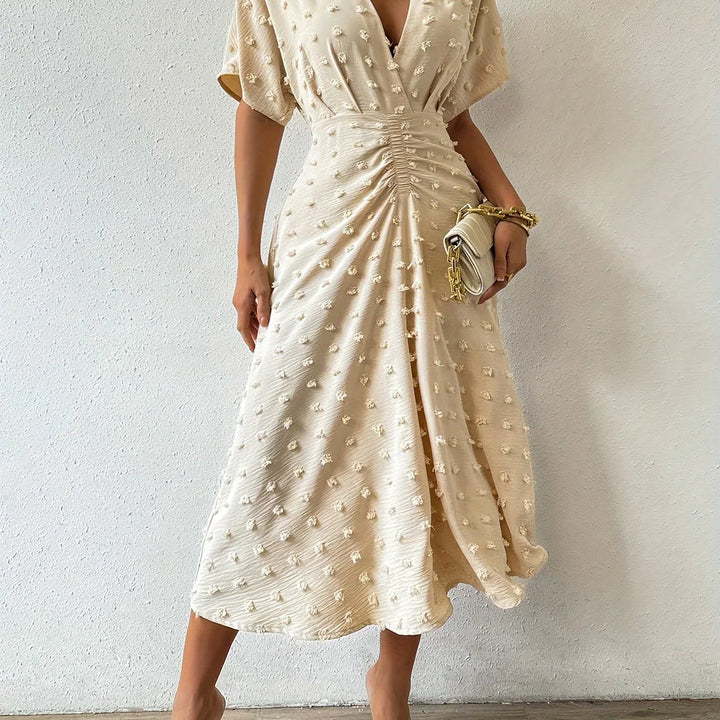 Refined Pleated Midi Dress with Ruffles | Evening Dress-S-Apricot-The Livary