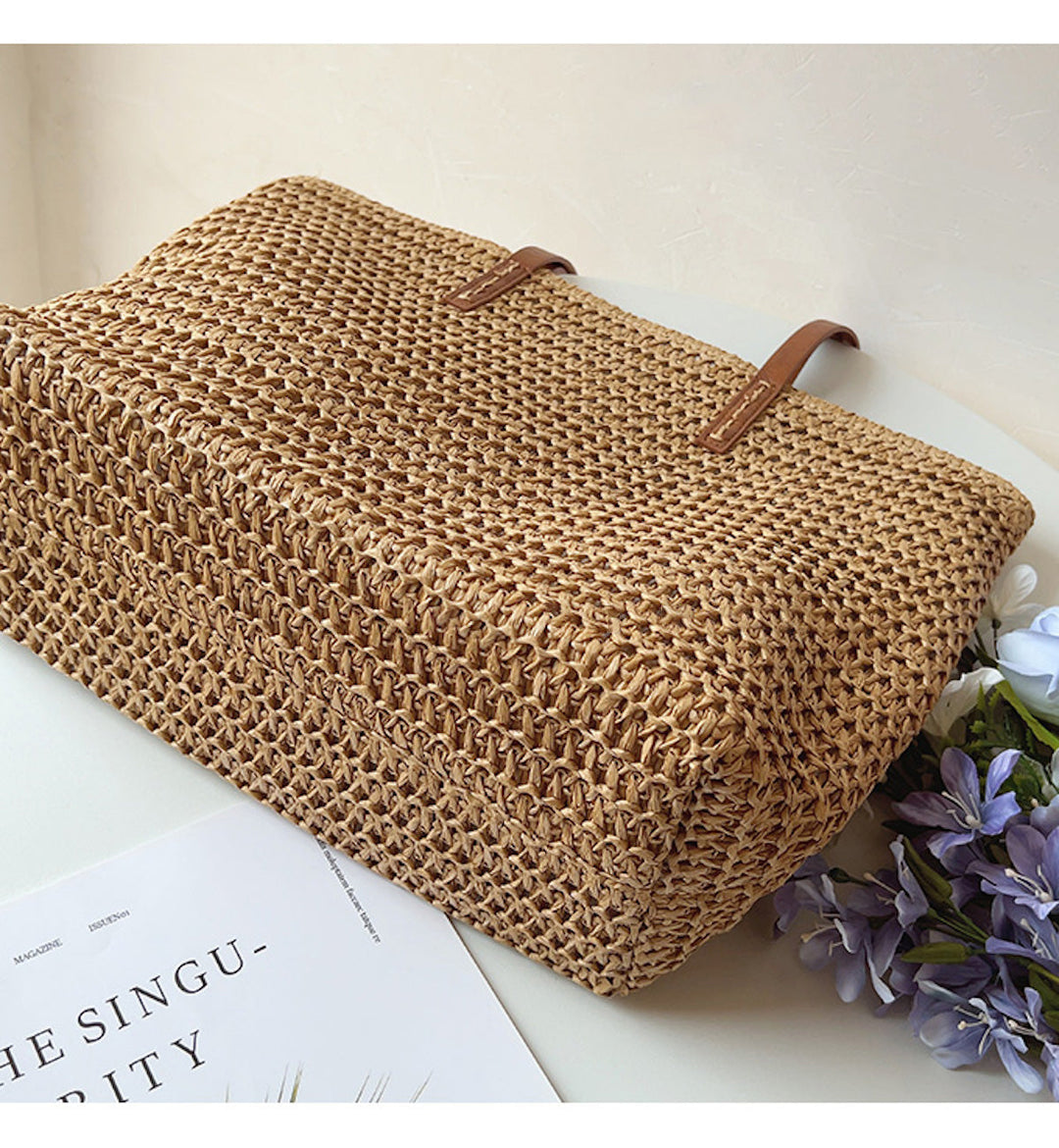 Rattan Woven Bag with Leather Straps - SummerBreeze Tote-Brown-The Livary