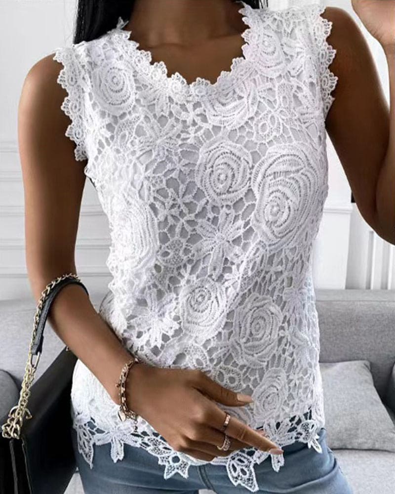 Blouse with Lace Detail in Effenge Colour Style - Elara-White-S-The Livary