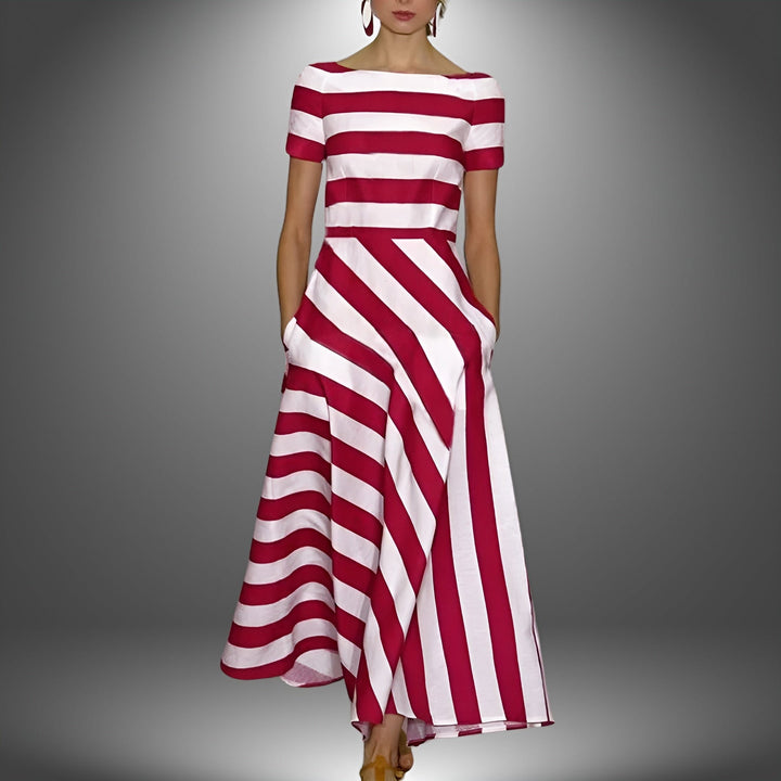 Striped & Stylish Maxi Dress with Short Sleeves – Noemi-Red-S-The Livary