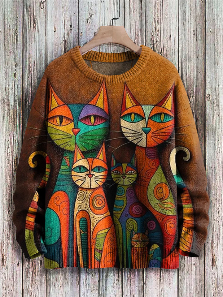 Cheerful Cat Print Sweater for Women - Cleo-Leo-S-The Livary
