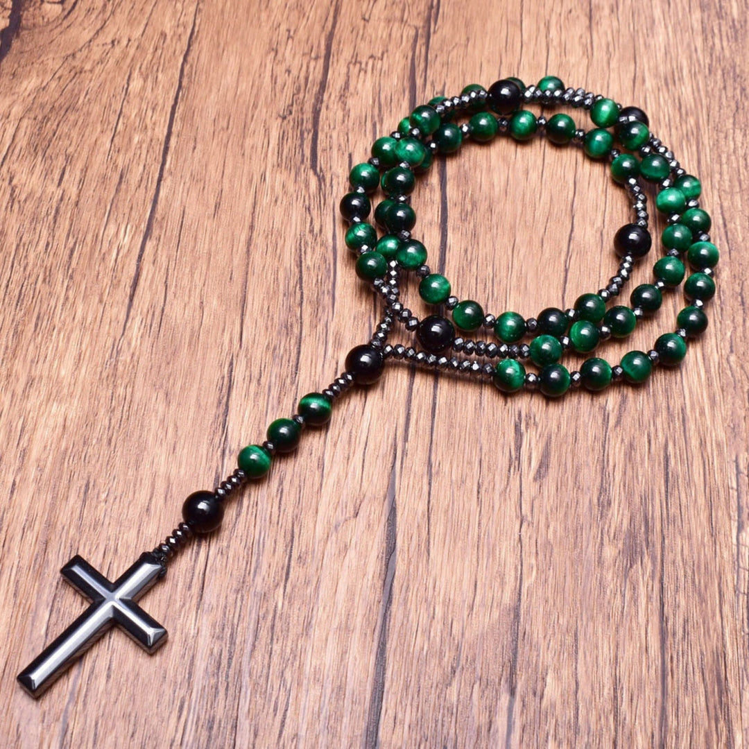 Tiger Eye and Lapis Lazuli Cross Rosary Necklace for Men - Orion-Tiger's eye-The Livary