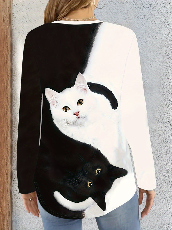 T-shirt with Cat Print and Trendy Colour Blocks - Marit-S-The Livary