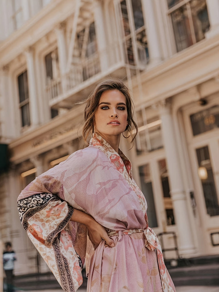 Red Floral Print Kimono - Isabella-Red Orange-One Size-The Livary
