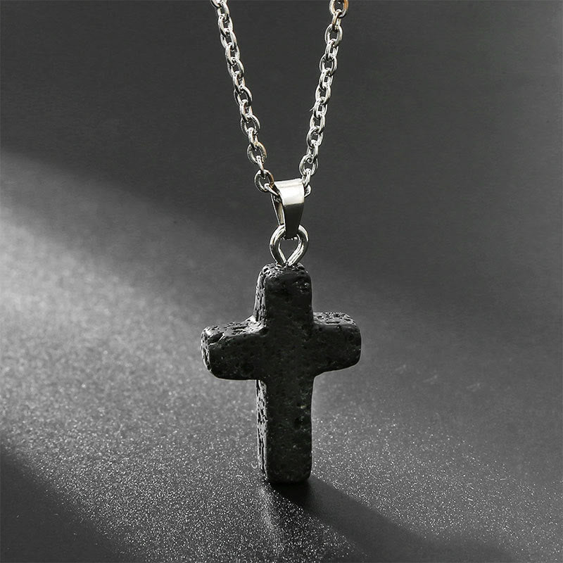 Necklace with Cross of Natural Gemstones - Seraphina-Lava stone-The Livary