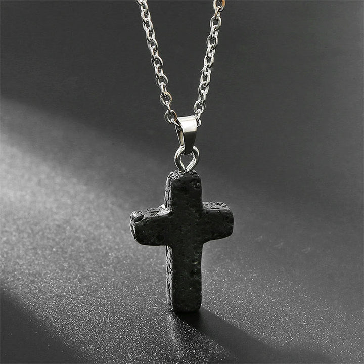 Necklace with Cross of Natural Gemstones - Seraphina-Lava stone-The Livary