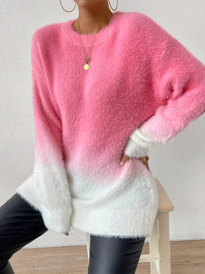 Graduated Colour Crew Neck Fuzzy Sweater - Amara-S-The Livary