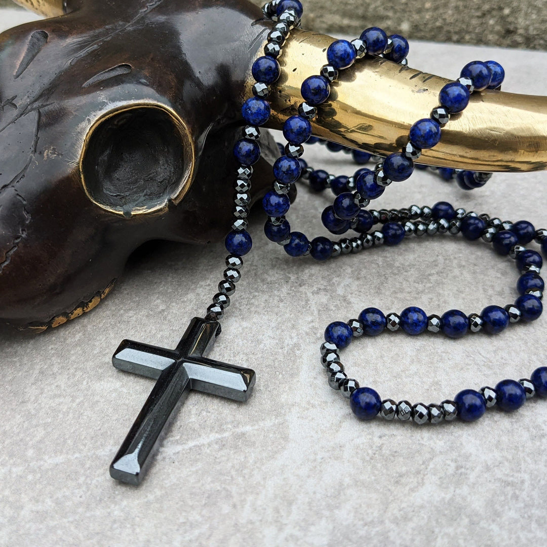 Tiger Eye and Lapis Lazuli Cross Rosary Necklace for Men - Orion-Lapis Lazuli-The Livary
