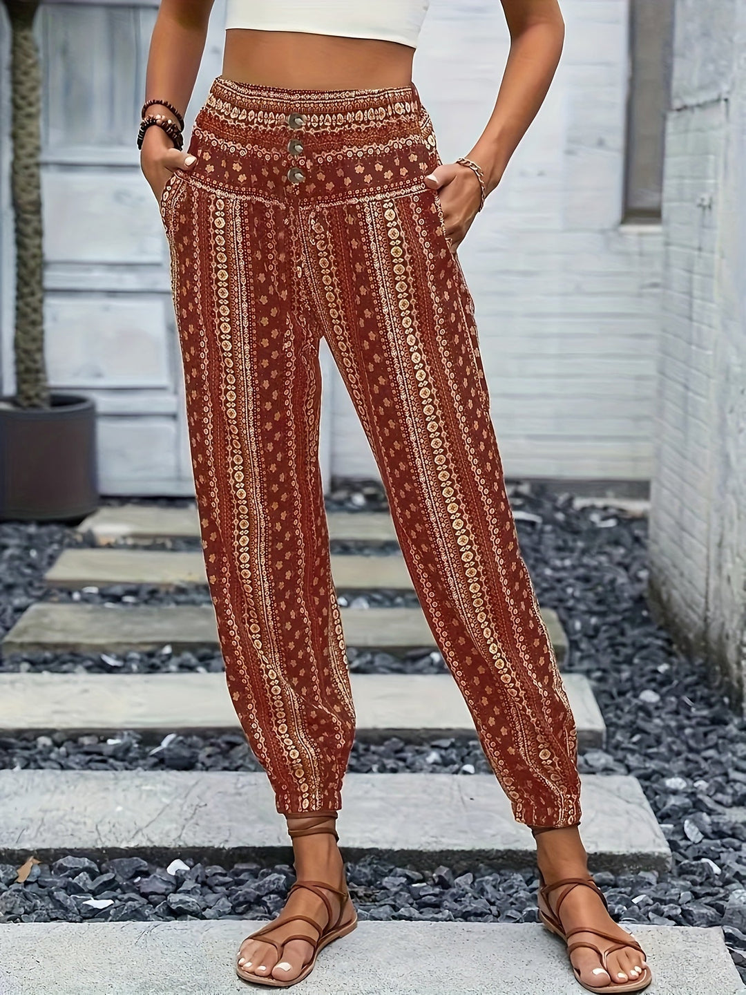 Boho High-Waist Women's Trousers with Print & Smocked Waistband – Linara-Brick red-S-The Livary