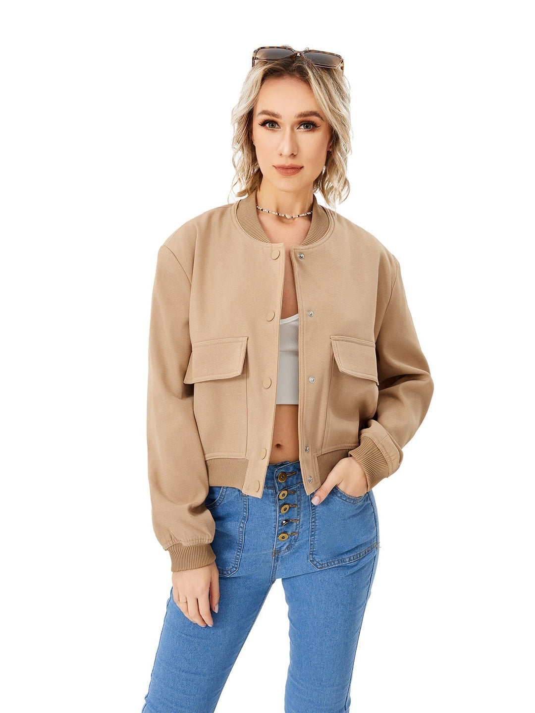 Light women's bomber jacket with button closure – Mira-Khaki-S-The Livary
