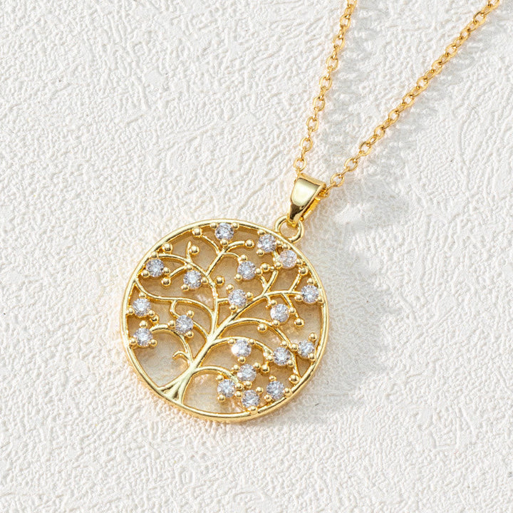 Zirconia Round Hollow Tree of Life Pendant - Necklace - Luna-Round White Zirconia and Tree of Life #2-The Livary