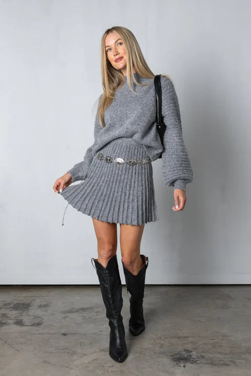 Trendy Pleated Sweater and Skirt Set - Isabella-Grey-XS-The Livary