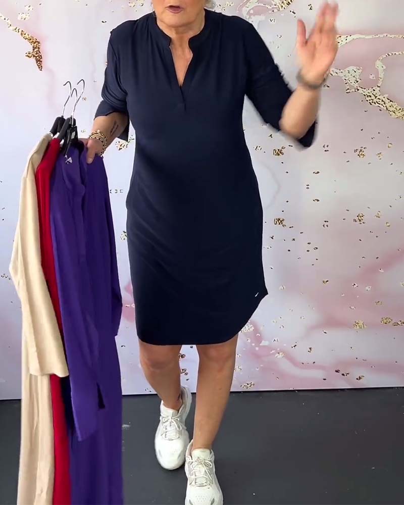 Stylish women's midi dress with V-neck and convertible sleeves – Naria-Navy blue-S-The Livary