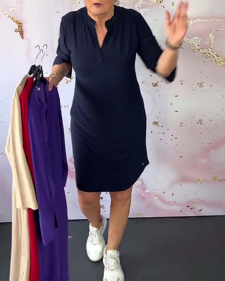 Stylish women's midi dress with V-neck and convertible sleeves – Naria-Navy blue-S-The Livary