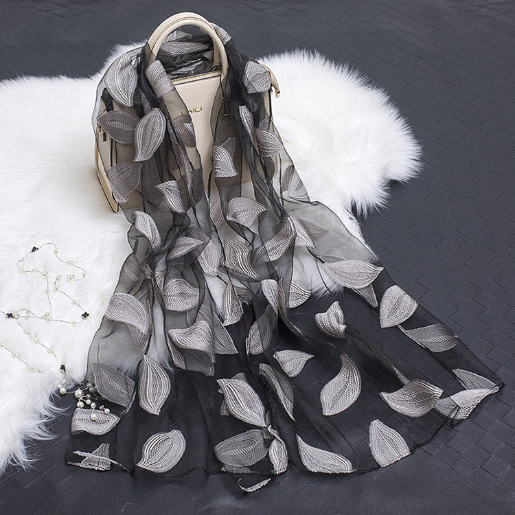 Trendy women's silk scarf with floral pattern and cut-out design – Fiora (1+1 FREE)-Grey leaves-The Livary