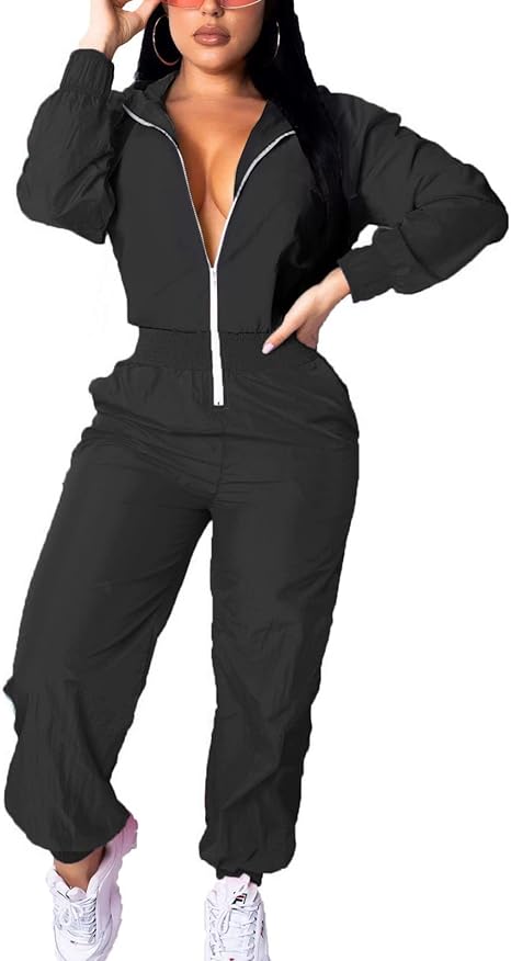 Retro Women's Windbreaker Jumpsuit - Elodie-Plain Black-S-The Livary