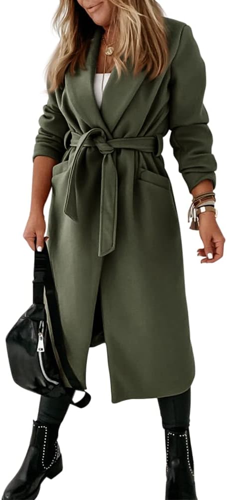 Ladies Classic Coat with Notched Collar and Open Front – Paulina-Olive green-S-The Livary