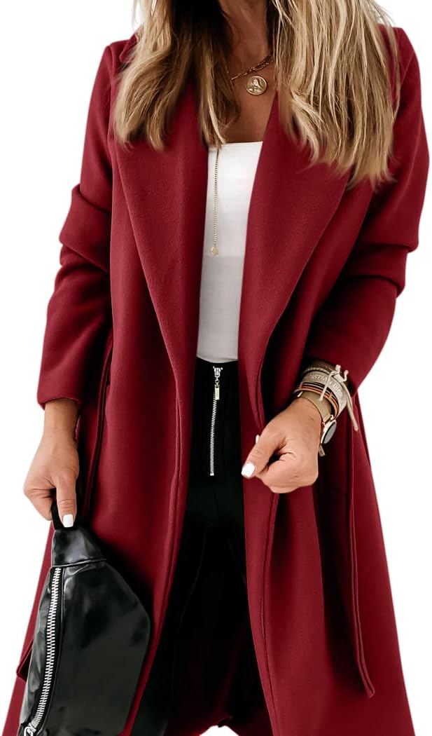 Ladies Classic Coat with Notched Collar and Open Front – Paulina-Wine red-S-The Livary