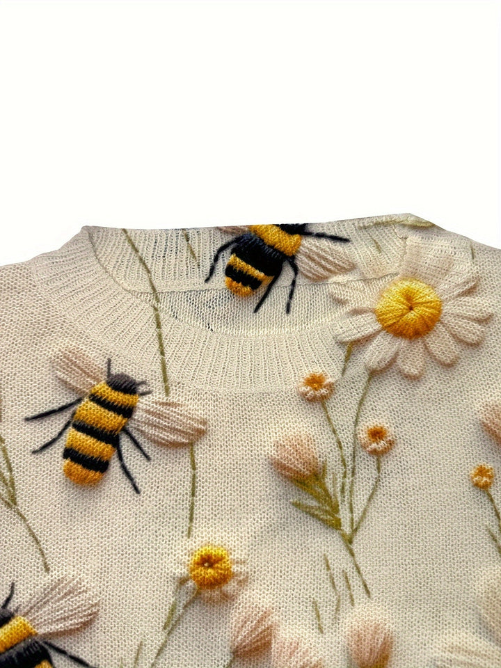 Trendy Ladies Sweater with Bee Pattern - Sophie-S-Apricot-The Livary