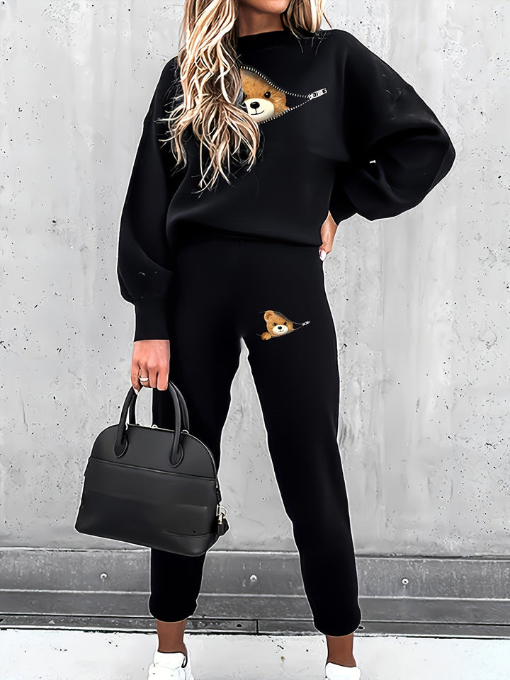 Casual Two-Piece Outfit with Cute Bear Print - Mila-Black-S-The Livary