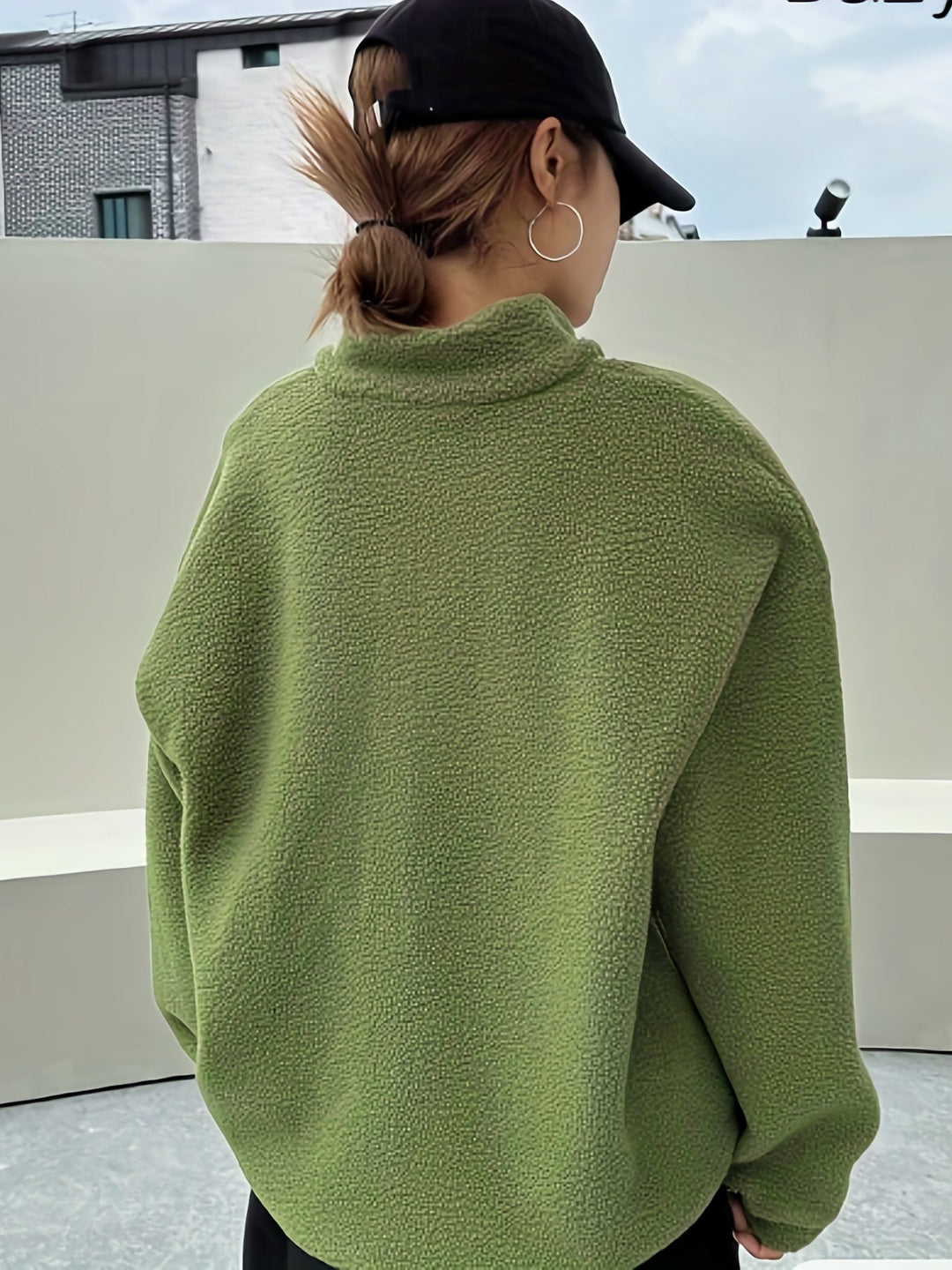 Plain Pullover Sweatshirt with Zipper - Nina-Green-S-The Livary