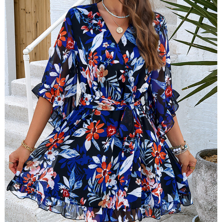 Playful women's mini dress with floral pattern & bell sleeves – Liora-Blue-S-The Livary