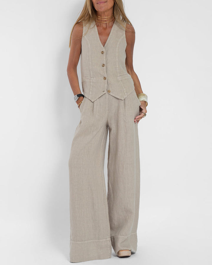 Linen 2-Piece Set with Wide Trousers and Jacket – Alma-Grey-S-The Livary