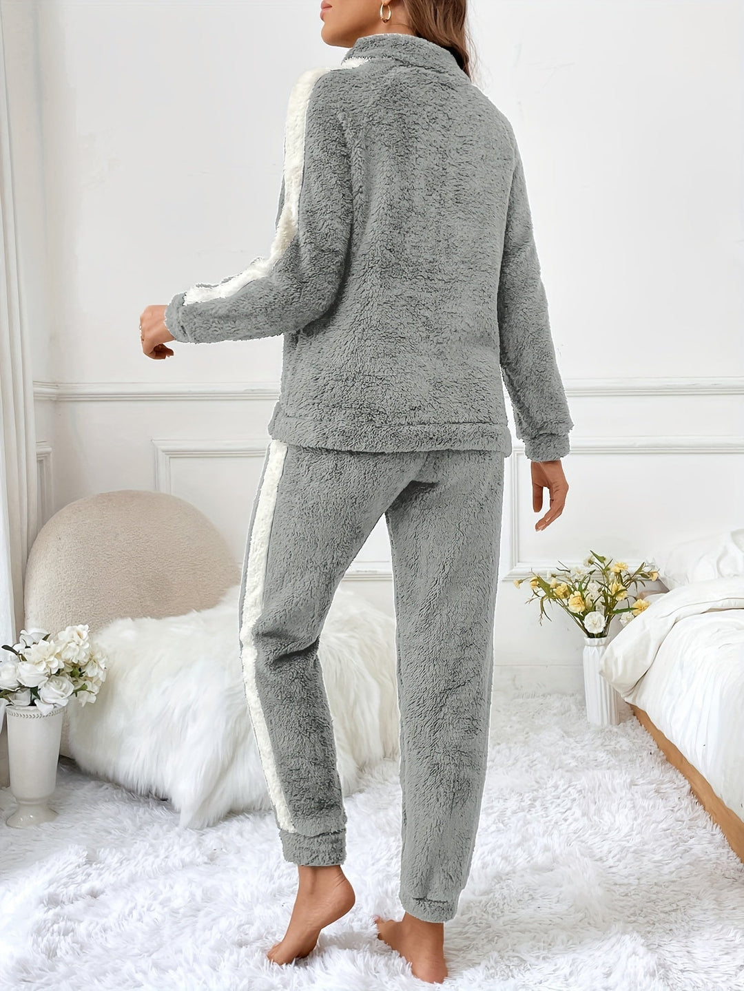 Soft Plush Lounge Pyjama Set with Colour Accents - Lyra-Brown-S-The Livary