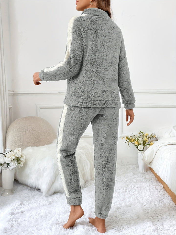 Soft Plush Lounge Pyjama Set with Colour Accents - Lyra-Brown-S-The Livary