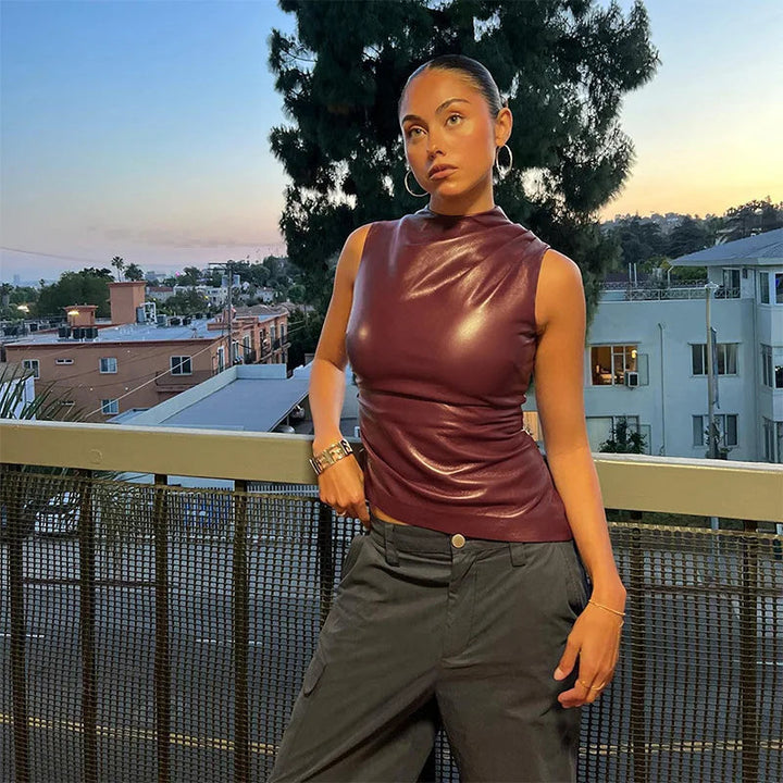 Ladies' sleeveless leather top in burgundy with a fitted silhouette – Nila-Bordeaux red-XS-The Livary