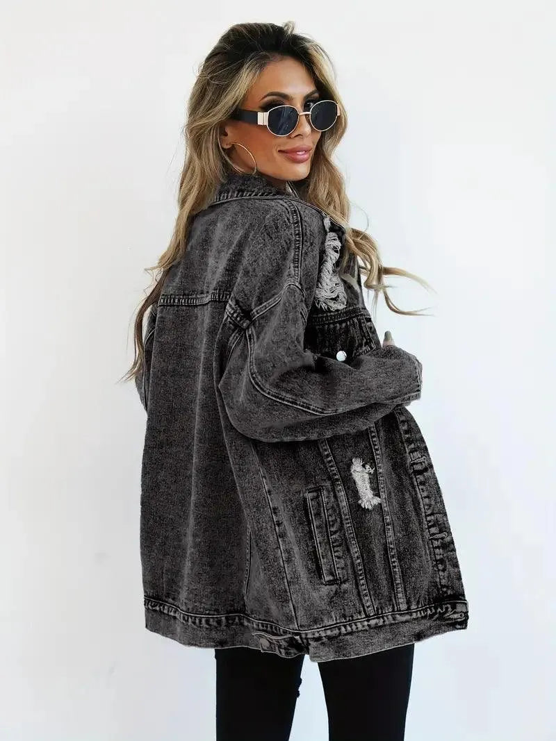 Waterproof & Lined Oversized Women's Denim Jacket with Hood – Talia-Dark grey-S-The Livary