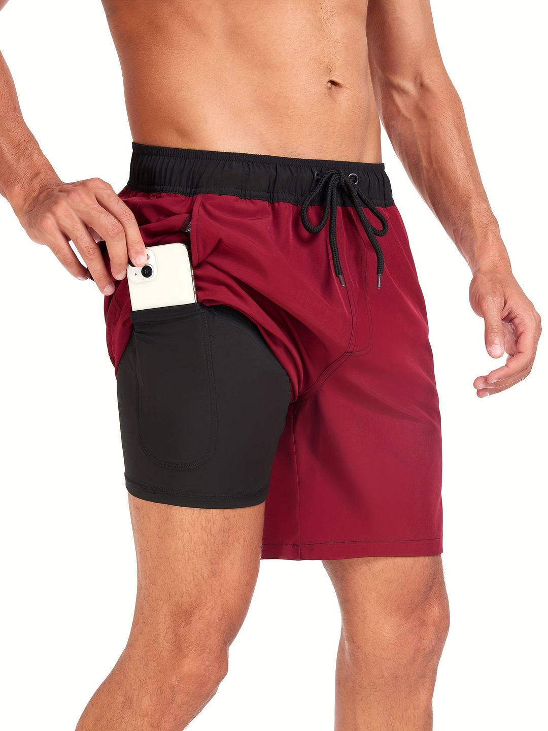 Quick-drying men's swim shorts with stretch & mobile phone pocket – Jonas-Red wine-S-The Livary