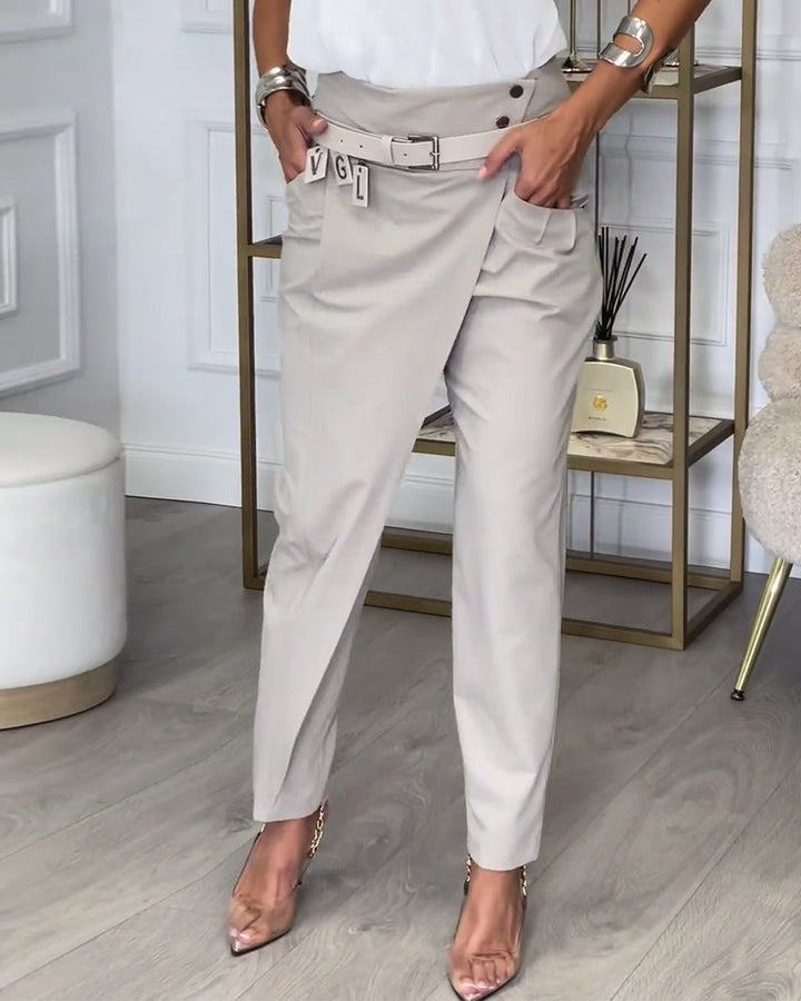 Trendy Ladies Patchwork Trousers with Belt - Liv-Grey-S-The Livary