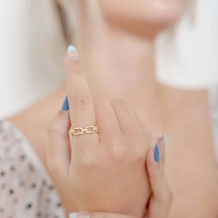 Gold Link Ring with Zirconia - Marina-The Livary