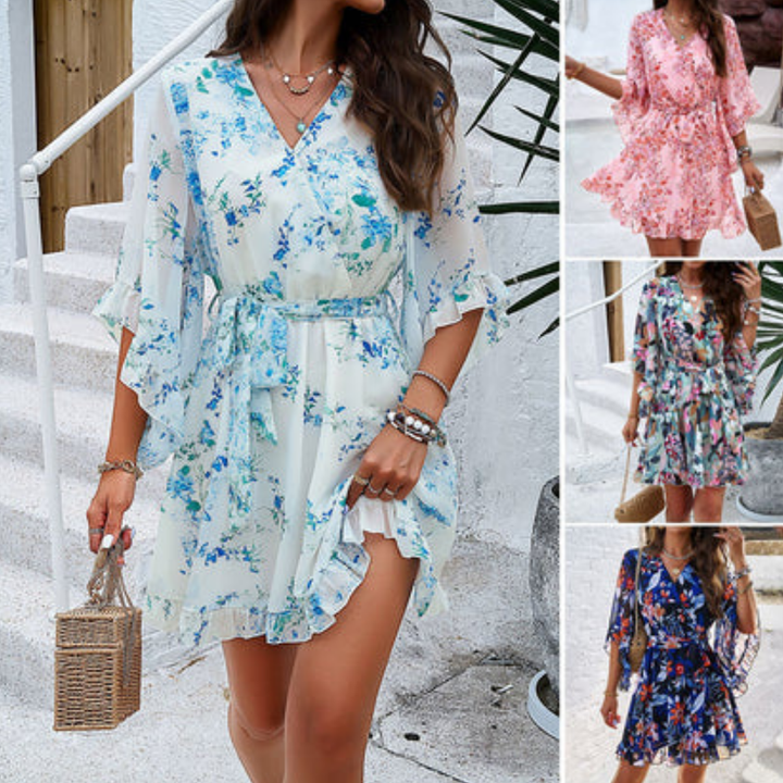 Playful women's mini dress with floral pattern & bell sleeves – Liora-White-S-The Livary