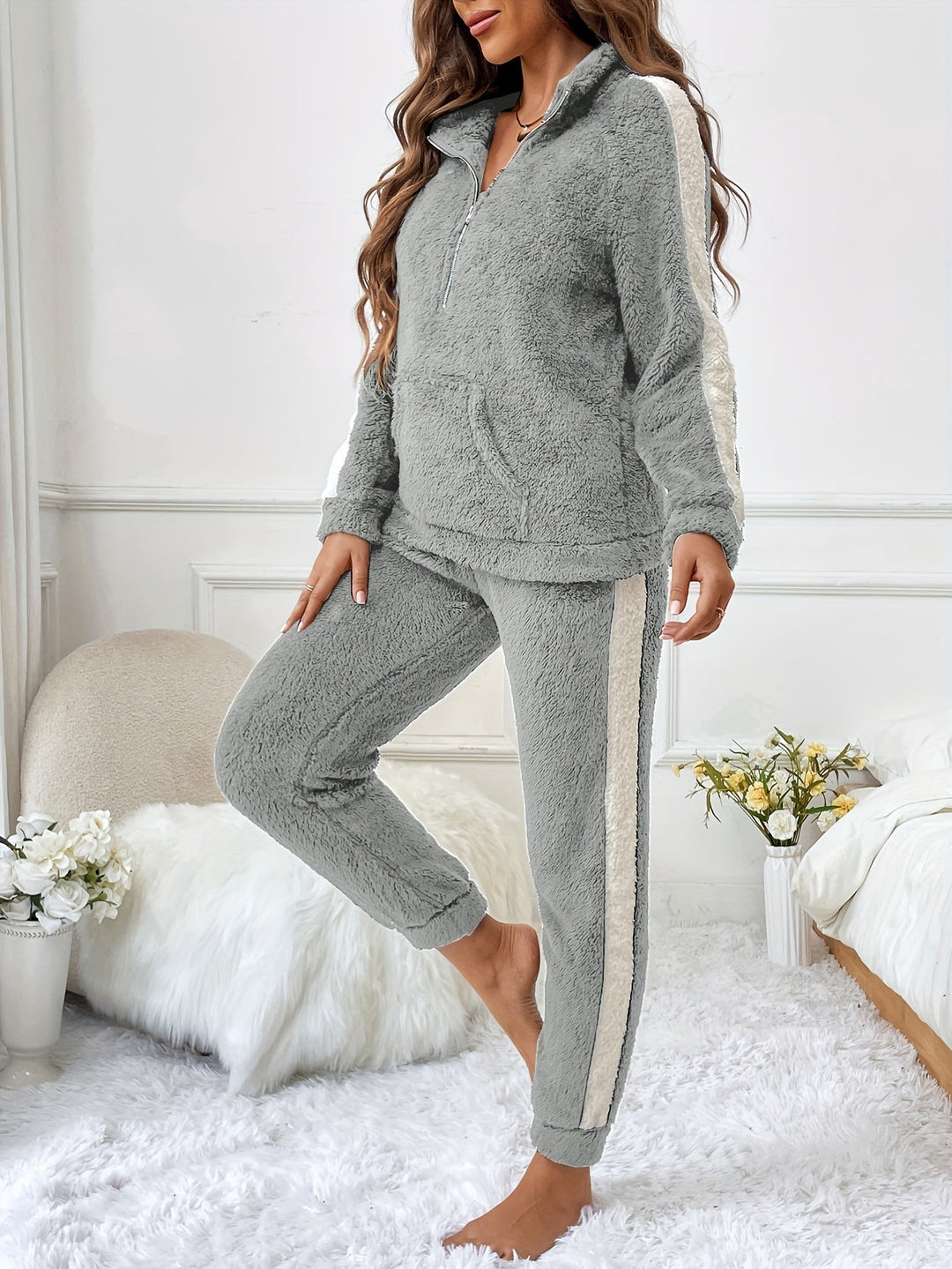 Soft Plush Lounge Pyjama Set with Colour Accents - Lyra-Grey-S-The Livary