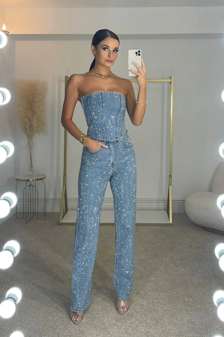 Glittering women's trouser set with high-waist jeans – Liora-Denim-S-The Livary