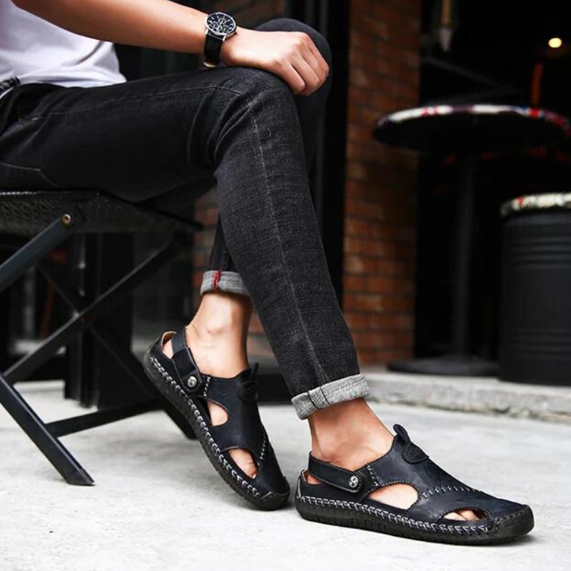 Orthopaedic men's leather sandals - Marco-Black-6-The Livary