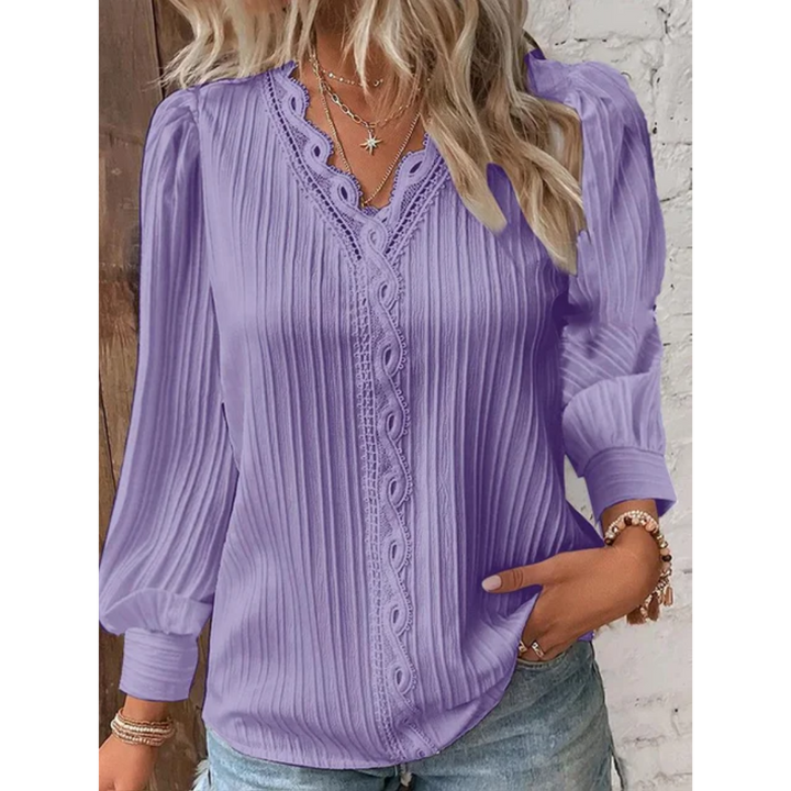 Stylish ladies' blouse with a V-neck & long sleeves – Alvara-Purple-S-The Livary