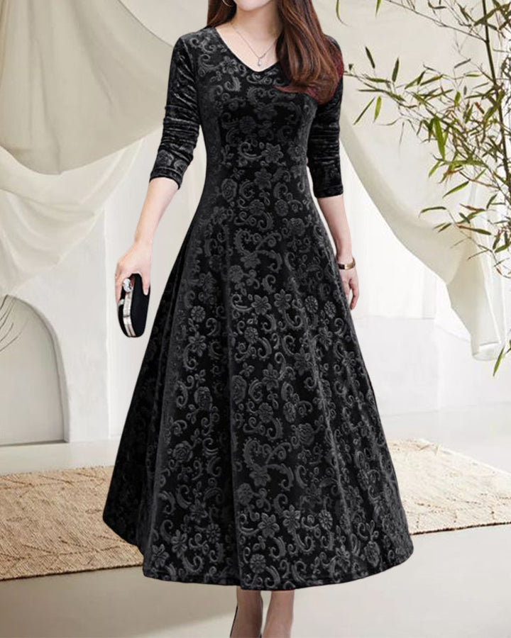 Velvet Midi Dress with Long Sleeves - Selina-Red wine-M-The Livary