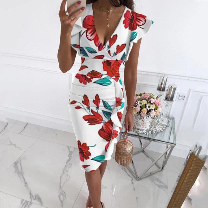 Stylish V-Neck Dress with Pleated Sleeves - Maud-White red-S-The Livary