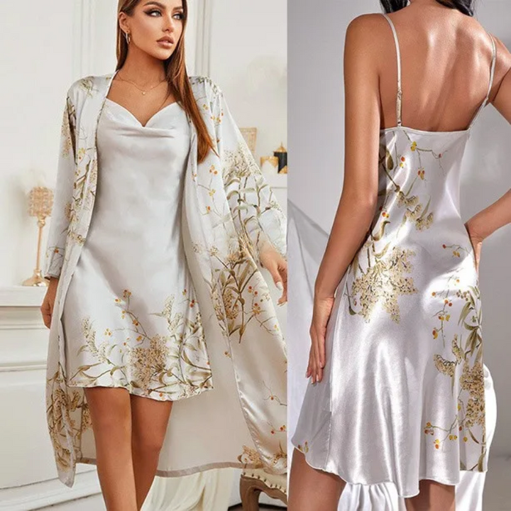 Two-Piece Satin Nightdress & Kimono Set with Floral Print – Noelle-Grey Set A-S-The Livary