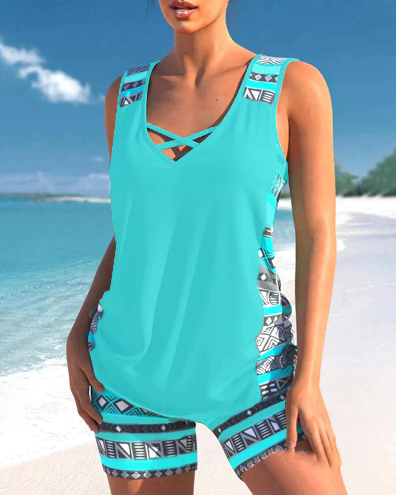 Trendy swimwear with V-neck and geometric pattern – Tankini set Madonna-Gray-S-The Livary