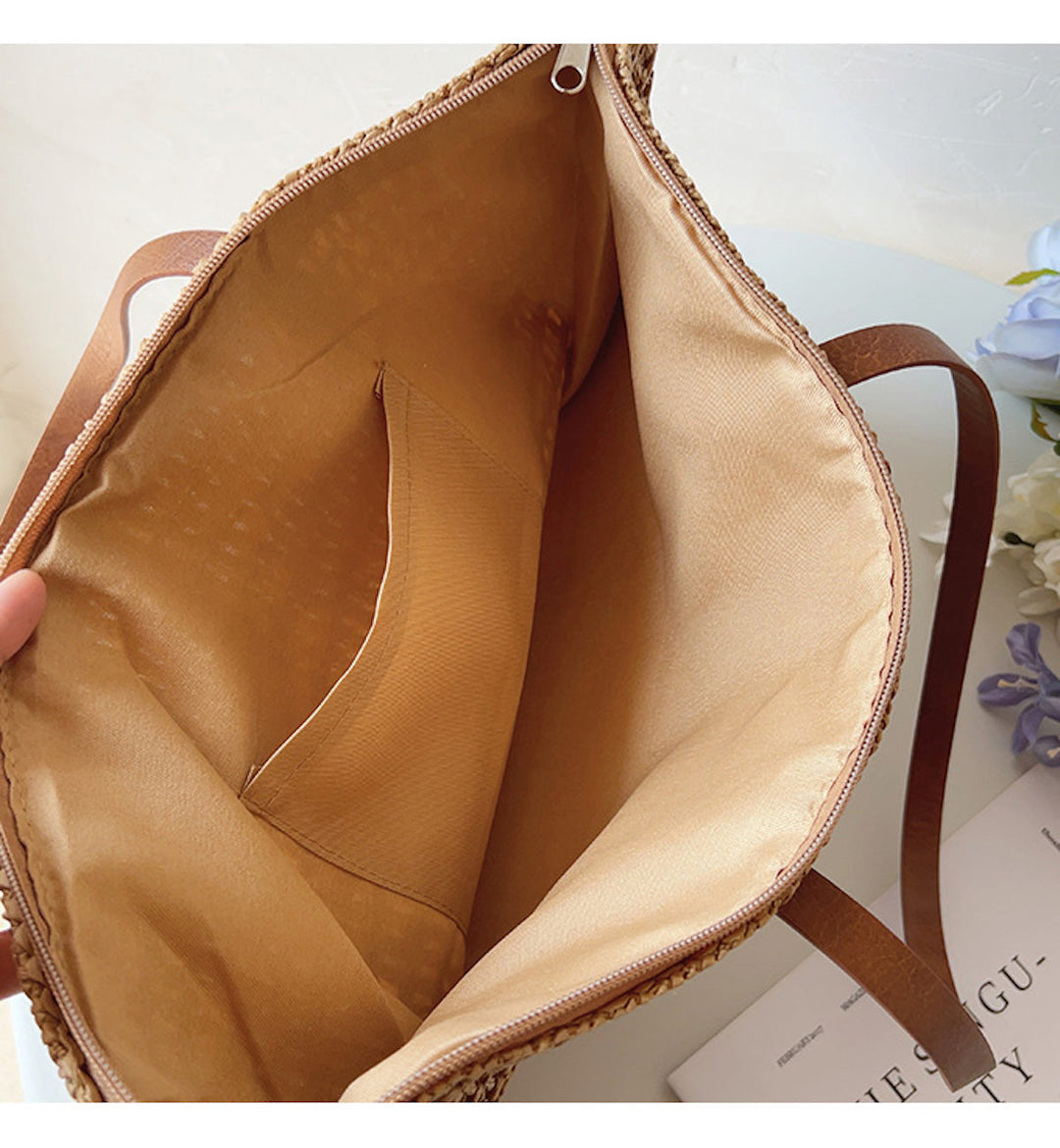 Rattan Woven Bag with Leather Straps - SummerBreeze Tote-Brown-The Livary
