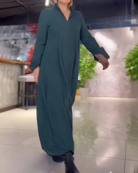 Long Loose Dress with Side Slit - Noémie-Green-S-The Livary