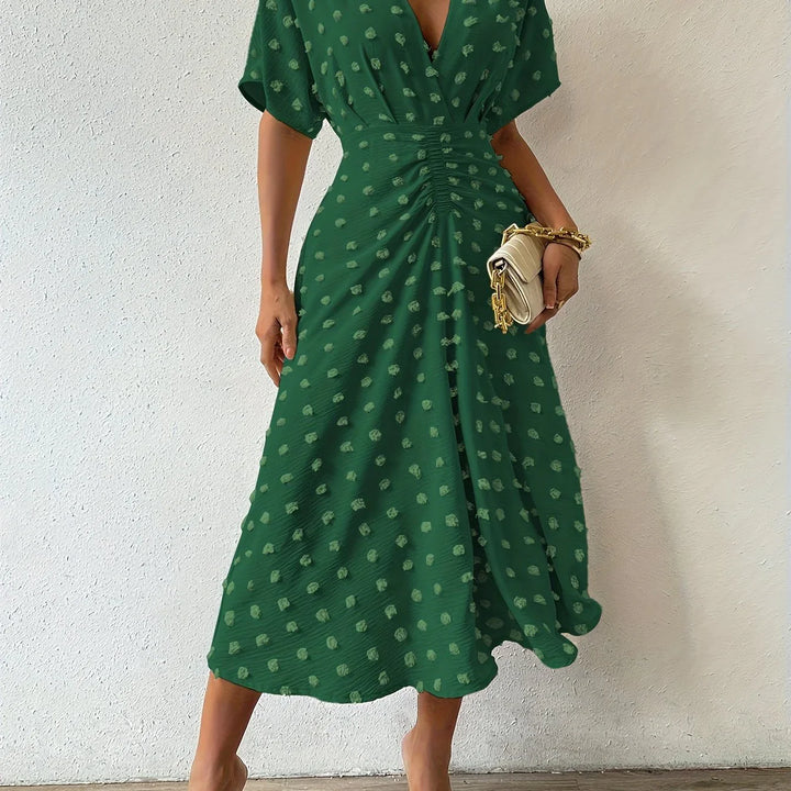 Refined Pleated Midi Dress with Ruffles | Evening Dress-S-Dark green-The Livary