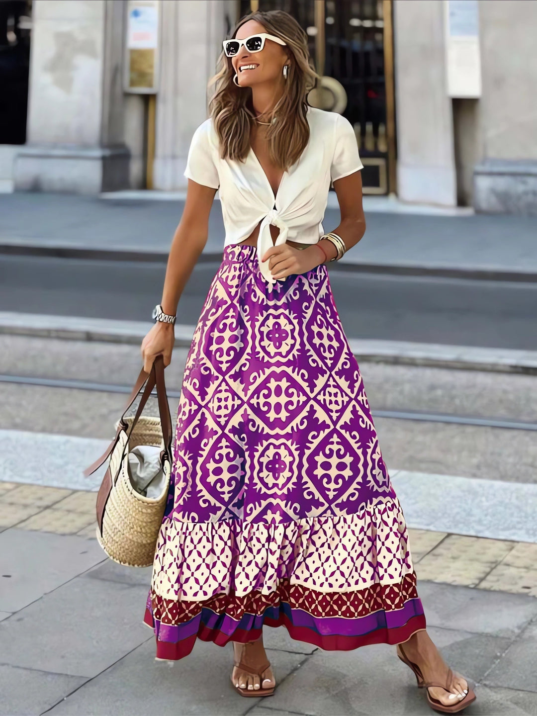 Printed Boho maxi skirt with a flowing cut & fringes – Yalina-Purple-S-The Livary